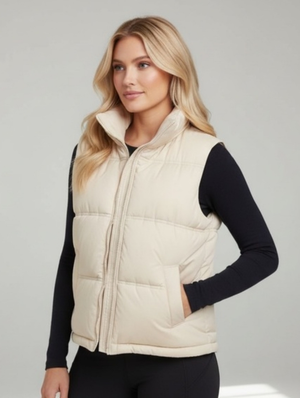 AEO Cream Zip Puff Vest W Pockets